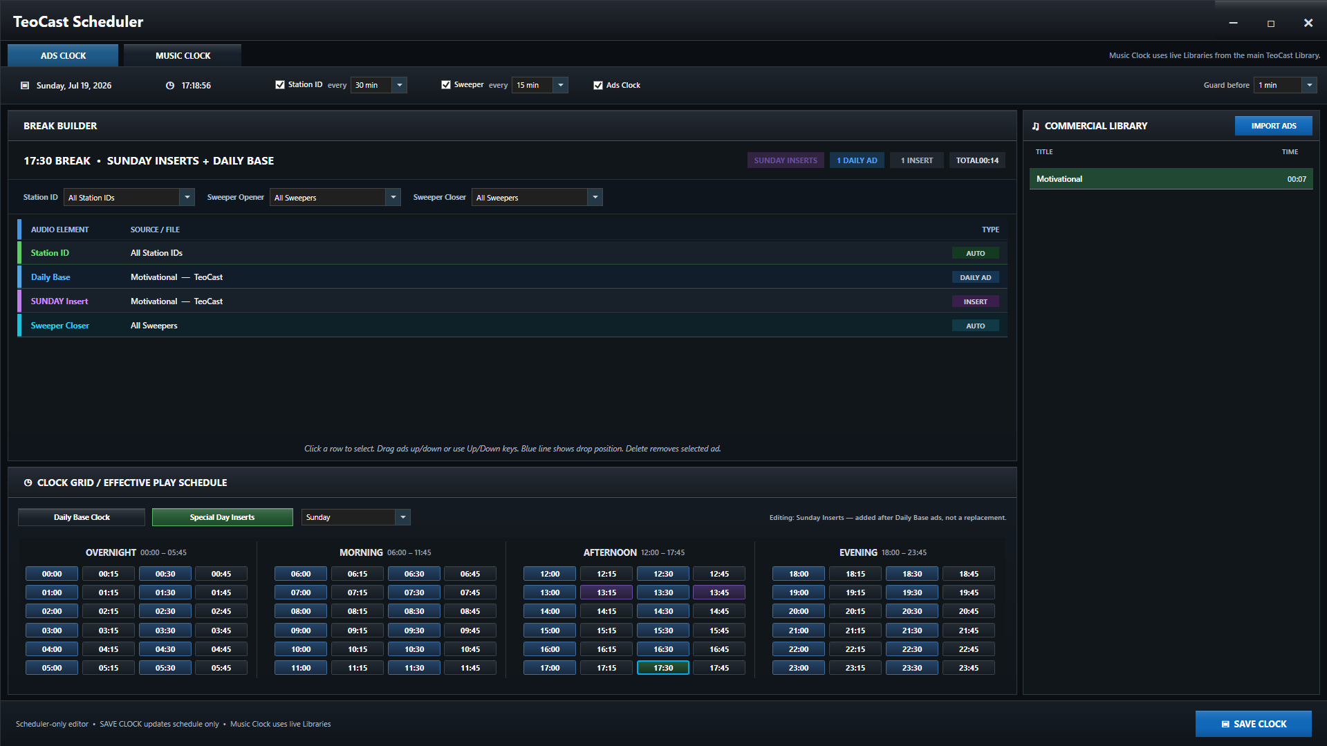 TeoCast Scheduler Ads Clock interface
