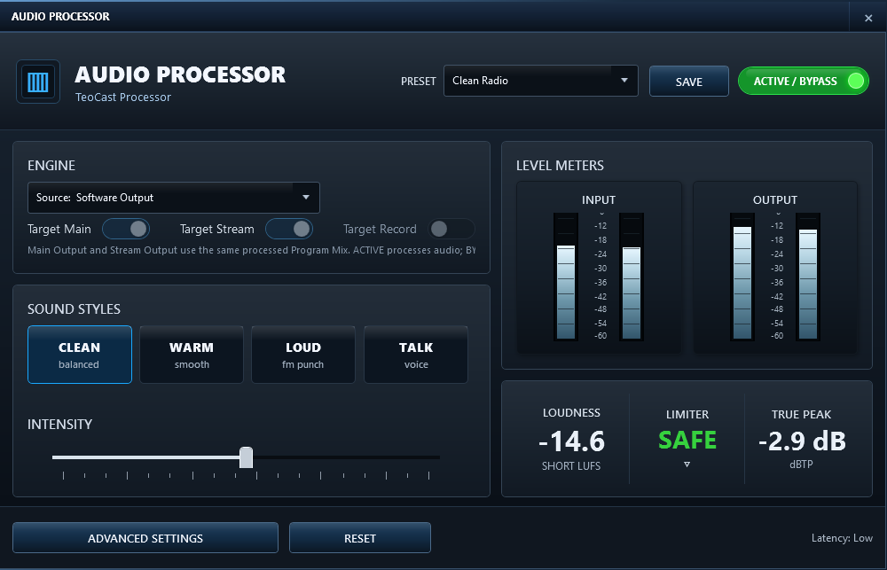 TeoCast built-in audio processor interface