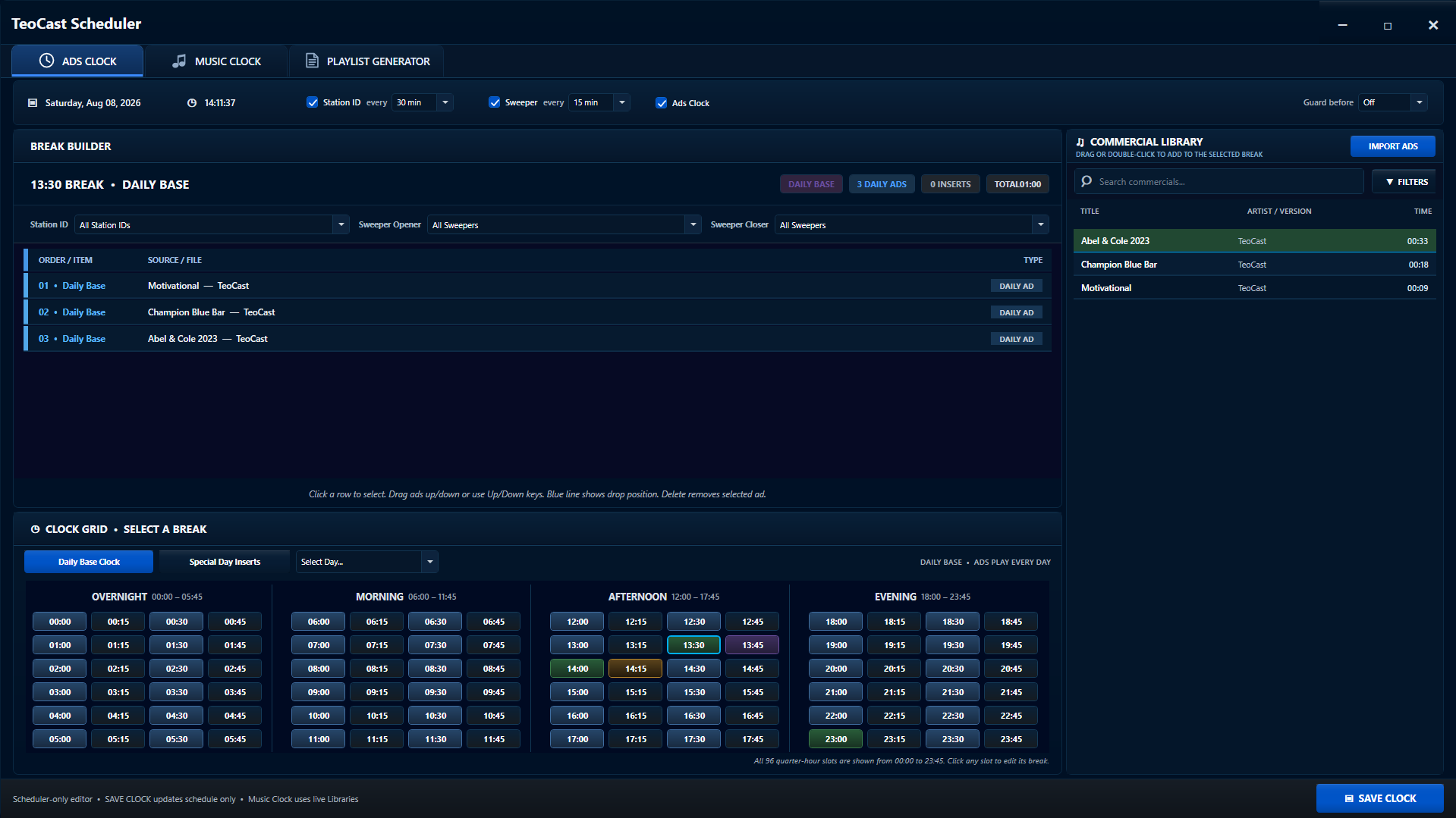 TeoCast Scheduler Ads Clock interface