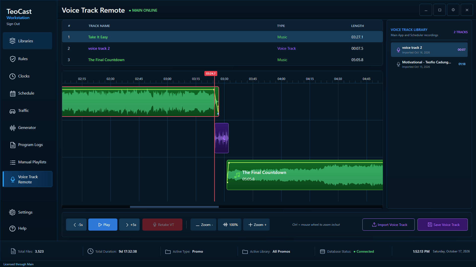 TeoCast Voice Track recording interface